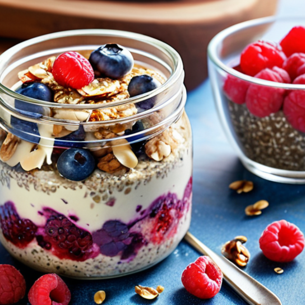 **

"A vibrant and appetizing shot of overnight oats in a glass jar. The oats are layered with fresh blueberries, raspberries, chopped walnuts, and chia seeds. Focus on the textures and colors of the ingredients. Morning light, healthy breakfast concept."

**
