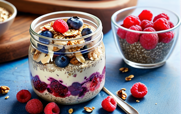 **
"A vibrant and appetizing shot of overnight oats in a glass jar. The oats are layered with fresh blueberries, raspberries, chopped walnuts, and chia seeds. Focus on the textures and colors of the ingredients. Morning light, healthy breakfast concept."
**